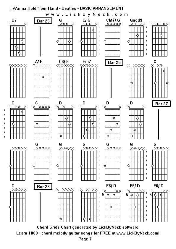 Chord Grids Chart of chord melody fingerstyle guitar song-I Wanna Hold Your Hand - Beatles - BASIC ARRANGEMENT,generated by LickByNeck software.